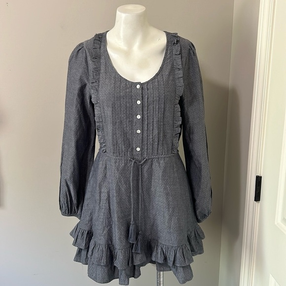 Cleobella Mini Dress Ruffle Tiered Button Front Long Sleeve Tie Waist Sz S - Picture 1 of 11